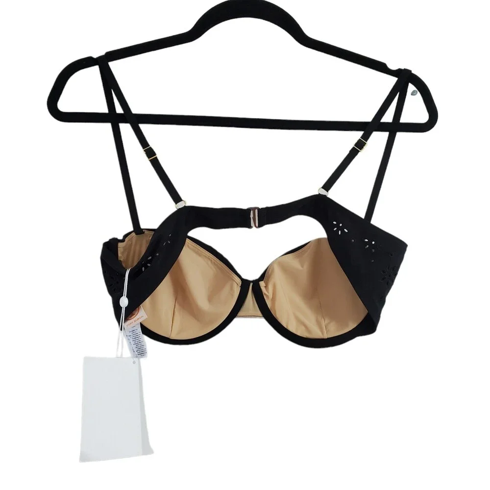 NWT Tory Burch L Broderie Anglaise Underwire Bikini Top Black Gold Eyelet Swim